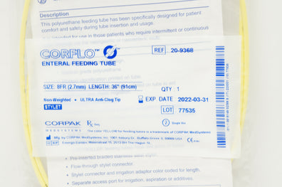 Corpak 20-9368 Corflo Enteral NG/NI Feeding Tube with Stylet 8Fr x 36inch